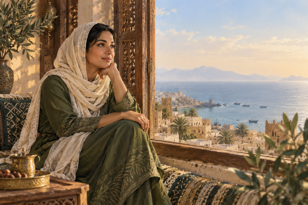 مشهد تخيلي لامرأة يمنية في لحظة تأمل بجانب نافذة