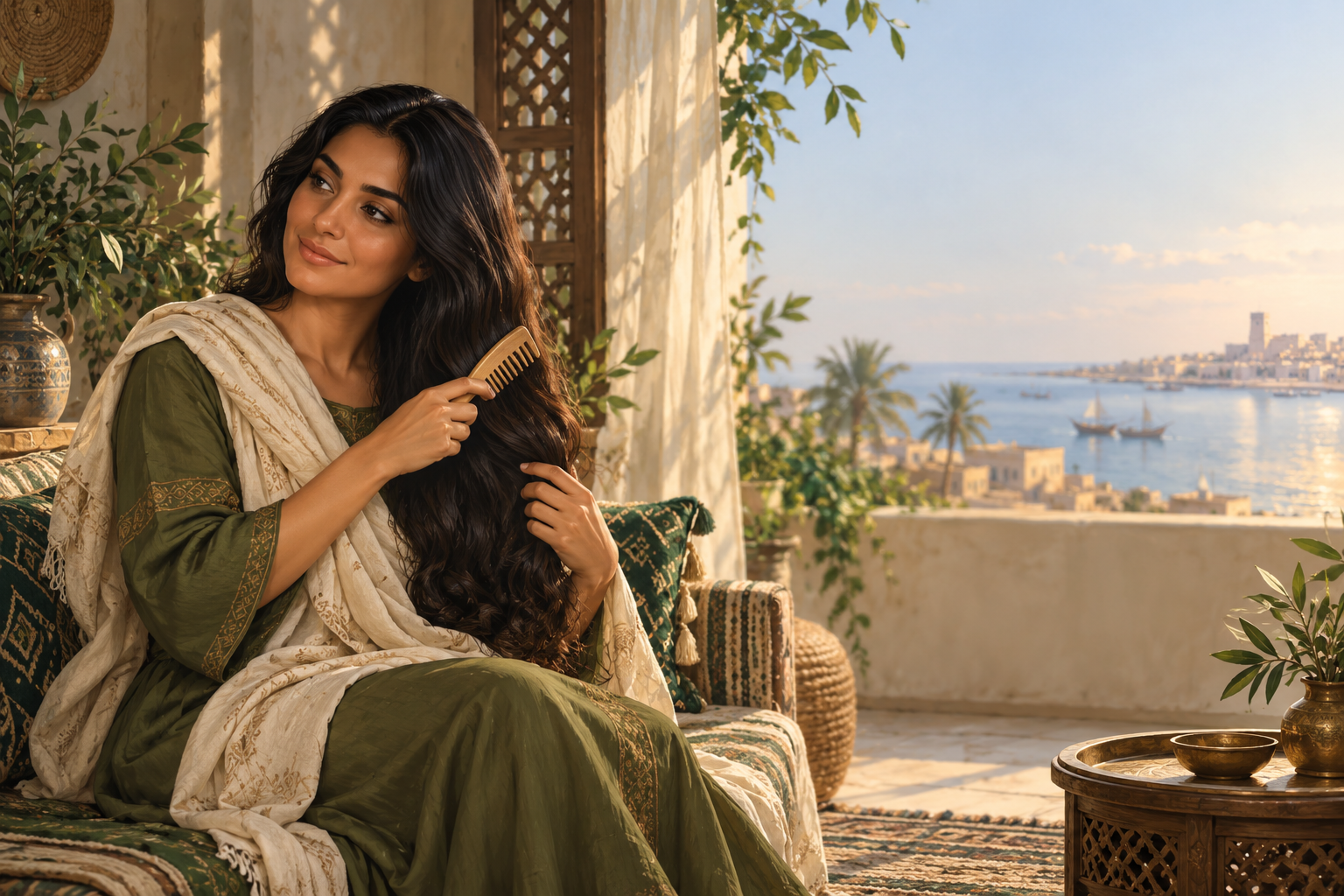 صورة تمثيلية لامرأة تمشط شعرها الطويل